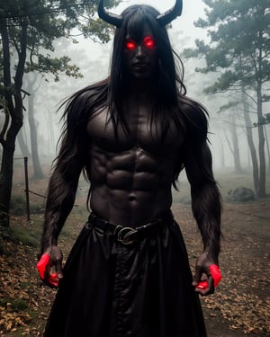 A dark demonic figure with red eyes emerges from a misty fog-shrouded forest at dusk. The camera frames it in a tight shot, with the creature's twisted horns and pointed ears filling the frame. Red-rimmed eyes glow like embers as it gazes directly into the lens. Dark, gnarled branches weave together above, casting long shadows on the misty ground.