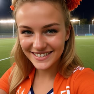 POV extreme close up: Beautiful,  20 year old Dutch woman,  blond hair in bun,  after soccer, she is wearing an orange cheerleader outfit, very short cheerleader skirt, drunk and  Naughty smile., , , , , ,blonde 
