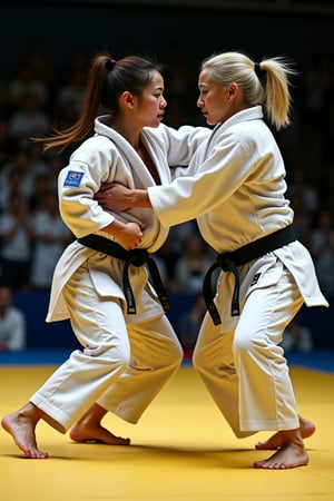 A photorealistic capture of a judo match in mid-action, featuring a Koshi-waza (hip throw) technique being executed with intense energy. Two female judokas, one Japanese and one platinum-blond Scandinavian, are fully engaged in the match. The Japanese judoka is performing the hip throw, her body low and centered, (((her judo gi is almost completely open, showing perfectly erect nipples:1.4))),  gripping the Scandinavian judoka's gi tightly. The Scandinavian judoka is lifted off the ground, her body mid-air, twisting as she is about to be thrown to the tatami with great force. Both fighters display determination and focus, with sweat flying from their bodies, and muscles tensed in their arms and legs. The dojo setting is blurred in the background, emphasizing the motion and fierce action in the foreground. Bright dojo lights highlight the intensity of the moment, capturing the raw power and precision of the Koshi-waza technique.