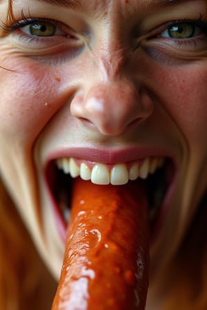 Extreme CLOSEUP on a gorgeous young English ginger woman's sweaty face as she fervently bites into a massive sausage, her teeth already partially embedded within its juicy depths. Facial details shine through, including natural pores, subtle blemishes, and light acne scars. Irregular teeth with slight imperfections add to the authenticity of this intense moment. The sign above reads: I bite, can you handle that?