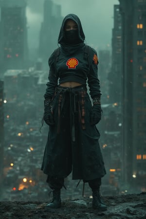 photorealism:1.4, a female ninja with Shell logo on her chest, standing on rooftop with a dark dystopian city in the background, dynamic pose, fierce, comics style, extremely intricate, extremely detailed, ominous lighting, dramatic lighting, dark stormy night, shot with Hasselblad, long exposure