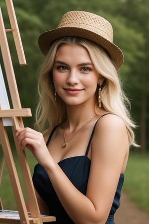 background is glassland,horizon,forest,easel,
18 yo, 1 girl, beautiful Dutch girl,sit on glassland, making a picture,painting,sit aside easel,holding a palette left hand,painting brush right hand,
happy smile,wearing lovely dress(princess),women hat(small),
solo, {beautiful and detailed eyes}, dark eyes, calm expression, delicate facial features, ((model pose)), Glamor body type, (platinum blonde hair:1.2),
simple tiny necklace,simple tiny earrings, flim grain, realhands, masterpiece, Best Quality, 16k, photorealistic, ultra-detailed, finely detailed, high resolution, perfect dynamic composition, beautiful detailed eyes, eye smile, ((nervous and embarrassed)), sharp-focus, full_body, cowboy_shot,