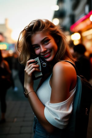 A 20-year-old blonde girl, now with a mischievous grin, holds a vintage camera, capturing candid moments of life. The sun casts a warm glow on her face, and her blue eyes sparkle with curiosity. She stands amidst a bustling city street, surrounded by people, yet lost in her own world of creativity. The camera strap hangs casually from her shoulder, a silent companion on her adventures.