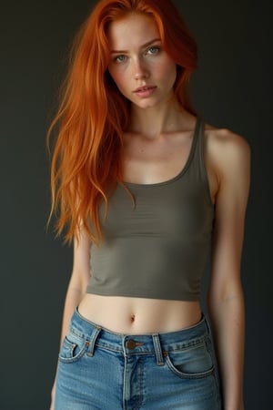 (((Full body picture:1.4))) of a gorgeous young English ginger woman. Shortt tank top, skintight bluejeans Facial details shine through, including natural pores, subtle blemishes, and light acne scars. Irregular teeth with slight imperfections add to the authenticity of this intense moment. 