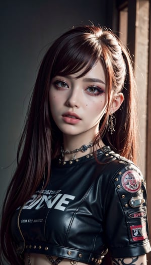 (masterpiece, top quality, best quality, official art, beautiful and aesthetic:1.2), hdr, high contrast, wideshot, 1girl, long red straight hair with bangs, look at viewer, clearly brown eyes, longfade eyebrow, soft make up, ombre lips, medium breast, punk girl, ( punk theme:1.5), finger detailed, background detailed, ambient lighting, extreme detailed, cinematic shot, realistic ilustration, (soothing tones:1.3), (hyperdetailed:1.2)