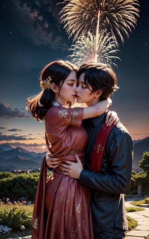 (masterpiece, top quality, best quality, official art, beautiful and aesthetic:1.2), young javanese couple, flower garden at night, light smile, new year celebrating, mountain background, large fireworks on the night sky, extreme detailed, highest detailed, scenery,hug,kiss