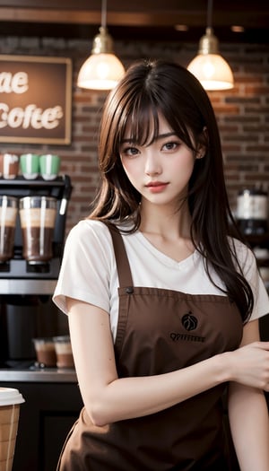 (masterpiece, top quality, best quality, official art, beautiful and aesthetic:1.2), hdr, high contrast, wideshot, 1girl, long black straight hair with bangs, clearly brown eyes, longfade eyebrow, soft make up, ombre lips, large breast, hourglass body, finger detailed, BREAK wearing barista suit, (coffee shop theme:1.5), light smile, coffee shop background detailed, by KZY, BREAK frosty, ambient lighting, extreme detailed, cinematic shot, realistic ilustration, (soothing tones:1.3), (hyperdetailed:1.2)