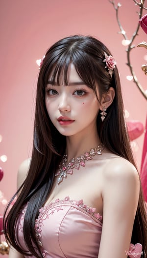 (masterpiece, top quality, best quality, official art, beautiful and aesthetic:1.2), hdr, high contrast, wideshot, 1girl, long black straight hair with bangs, clearly brown eyes, longfade eyebrow, soft make up, ombre lips, large breast, hourglass body, finger detailed, BREAK wearing pink dress, (luxury valentine day theme:1.5), light smile, pink rose flower decoration, pink ribbon decoration, background detailed, by KZY, BREAK frosty, ambient lighting, extreme detailed, cinematic shot, realistic ilustration, (soothing tones:1.3), (hyperdetailed:1.2)