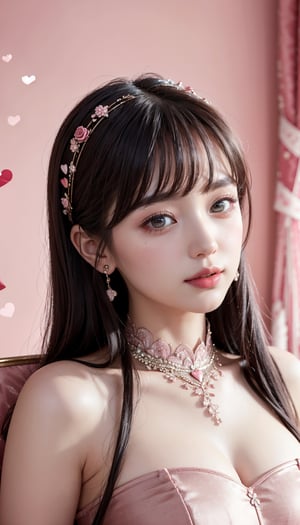 (masterpiece, top quality, best quality, official art, beautiful and aesthetic:1.2), hdr, high contrast, wideshot, 1girl, long black straight hair with bangs, clearly brown eyes, longfade eyebrow, soft make up, ombre lips, large breast, hourglass body, finger detailed, BREAK wearing pink dress, (luxury valentine day theme:1.5), light smile, pink rose flower decoration, pink ribbon decoration, background detailed, by KZY, BREAK frosty, ambient lighting, extreme detailed, cinematic shot, realistic ilustration, (soothing tones:1.3), (hyperdetailed:1.2)