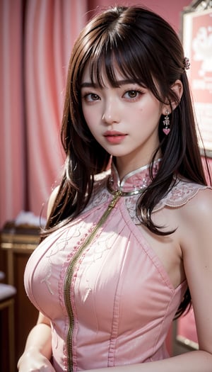 (masterpiece, top quality, best quality, official art, beautiful and aesthetic:1.2), hdr, high contrast, wideshot, 1girl, long black straight hair with bangs, clearly brown eyes, longfade eyebrow, soft make up, ombre lips, large breast, hourglass body, finger detailed, BREAK wearing pink dress, (valentine day theme:1.5), light smile, chocoate shop background detailed, by KZY, BREAK frosty, ambient lighting, extreme detailed, cinematic shot, realistic ilustration, (soothing tones:1.3), (hyperdetailed:1.2)