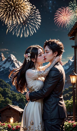 (masterpiece, top quality, best quality, official art, beautiful and aesthetic:1.2), young javanese couple, flower garden at night, light smile, new year celebrating, mountain background, large fireworks on the night sky, extreme detailed, highest detailed, scenery,hug,kiss