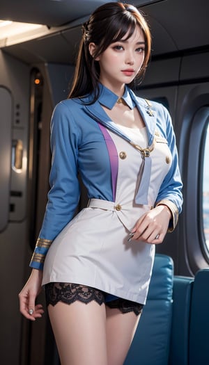 (masterpiece, top quality, best quality, official art, beautiful and aesthetic:1.2), hdr, high contrast, wideshot, 1girl, bun black straight hair with bangs, look at viewer, light smile, clearly brown eyes, longfade eyebrow, soft make up, ombre lips, hourglass body, large breast, (stewardess theme:1.5), finger detailed, background detailed, ambient lighting, extreme detailed, cinematic shot, realistic ilustration, (soothing tones:1.3), (hyperdetailed:1.2)