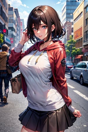 (best quality:0.8) perfect anime illustration, a pretty, happy woman with short curly brown hair on the street in the city, wearing a hoodie, skirt,outfit-km,fellajob,makima (chainsaw man),hmmikasa, fellatio,Sexy Big Breast, paizuri,More Detail