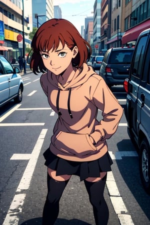 (best quality:0.8) perfect anime illustration, a pretty, happy woman with short curly brown hair on the street in the city, wearing a hoodie, skirt,outfit-km,fellajob,makima (chainsaw man)