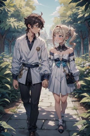 Couple, Barbara of Genshin impact and caucasian boy with long shaggy haircut boy hair color brown, walking together, holding hands, love, beautiful nature, smile face, look at couple, romance_mood,barbaradef