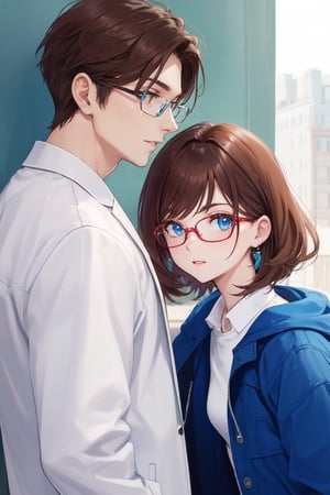 Masterpiece, highest quality, high brightness, 1 couple, brown hair, blue eyes, glasses, white shirt, blue jacket, 