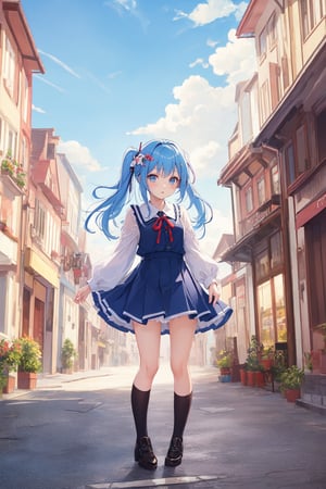 Masterpiece, highest quality, high brightness, 1 girl, sky blue hair, hair ornament, short skirt, blouse, ribbon, chibi, cute, town