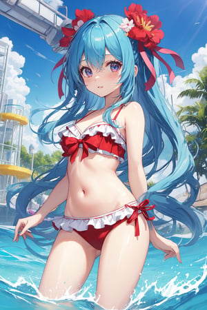 Masterpiece, highest quality, high brightness, 1 girl, sky blue hair, hair ornament, ribbon, chibi, cute, waterpark, cute swimwear,