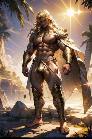 1 boy, (((((stand))))),(male focus:1.1),(male muscles:1.2), ((((((looking at viewer)))))),(((((flirty look))))), (blushing), (((((erect bulge)))), ((((((big bulge)))))), Masterpiece, best quality, illustration of a naked man with ((((gold robe)))), Epic background, hyperrealistic, lighting glow, glowing haze,depth of field, Sharp focus,8k, Dynamic angle,Epic pose, cinematic composition,3DMM, (((sunlight))), ((((big pecs)))),High detailed, (((long hair))), (((exposed torso))), ((((transparent thong)))), (((muscle))), (((full body))), deification, High detailed 