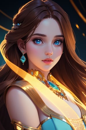 Photorealistic image of an amazingly beautiful girl wearing an elegant outfit, wearing glowing jewels, long light brown hair, cerulean eyes, hyperdetailed beautiful face, 8k UHD, sharp focus on eyes, cinematic, enchanted vibes, hyper realistic photography,photo r3al,Realism,Masterpiece