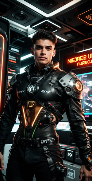 Create an image of a handsome cyberpunk man in a futuristic gaming room. The man has sharp, striking features with a strong jawline, high cheekbones, and intense eyes that glow with cybernetic enhancements. His hair is stylishly cut, perhaps with an edgy, asymmetrical design,black covered hair. 

He wears sleek, high-tech clothing that combines functionality with fashion. His outfit includes a fitted black jacket with red neon glow, and gloves with built-in interfaces. His attire is a mix of leather and advanced synthetic materials, adorned with neon accents and digital patterns. 

The futuristic gaming room behind him is a high-tech paradise. The walls are lined with large, curved holographic screens displaying dynamic, immersive game environments and real-time data. There are advanced gaming consoles and sleek, ergonomic chairs designed for maximum comfort during extended gaming sessions.

The room is bathed in the soft glow of neon lights, with colors shifting between vibrant blues, purples, and pinks, creating a dynamic and energetic atmosphere. Holographic interfaces float in the air, projecting game stats, maps, and virtual controls. High-tech gadgets and gaming peripherals are scattered around, showcasing the latest in futuristic technology.

In the background, you can see a panoramic view of a neon-lit cityscape through a large window, with towering skyscrapers, flying vehicles, and holographic advertisements adding to the cyberpunk aesthetic. The overall atmosphere is one of cutting-edge technology and immersive gaming, capturing the essence of a futuristic cyberpunk world.,So_GunDam,Mecha body,Sci Fi