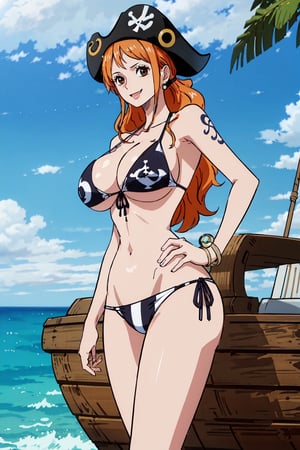 masterpiece, best quality, (detailed eyes, detailed background), absurdres, highres, ultra detailed, masterpiece, best quality, brown eyes,  palm tree, vegetaion, beach, seaside, pirate ship, smile, side-tie_bikini,huge breasts, cute