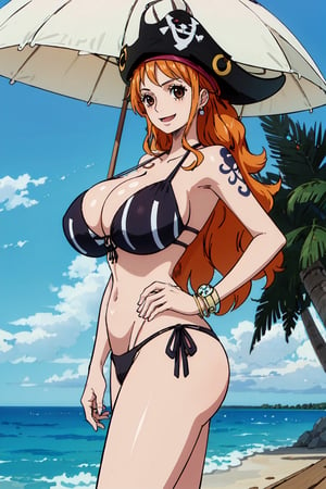 masterpiece, best quality, (detailed eyes, detailed background), absurdres, highres, ultra detailed, masterpiece, best quality, brown eyes,  palm tree, vegetaion, beach, seaside, pirate ship, smile, side-tie_bikini,huge breasts, cute,huge ass,thick thighs 