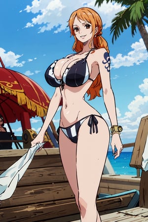 masterpiece, best quality, (detailed eyes, detailed background), absurdres, highres, ultra detailed, masterpiece, best quality, brown eyes,  palm tree, vegetaion, beach, seaside, pirate ship, smile, side-tie_bikini,huge breasts, cute,huge ass,thick thighs 