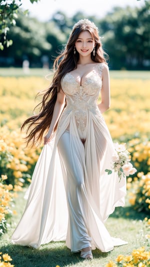 ((12 year old girl wearing elegant aristocratic wedding dress)), full body, ((big natural breasts, sexy pussy, luxuriant pubic hair, average hip size, perfect body, long red hair, long legs)), (sunny (Walking in the afternoon sunlight), (Walking through a flower field full of pretty flowers), A highly detailed and surreal masterpiece, Character design, Intricate details, Surreal, Hdr.  Top quality, perfect details, ultra sharp focus, hourglass figure, (smiling facial expression)