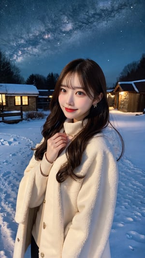 Draped in a long coat, adorned with earrings, a necklace, and a woolen scarf, the woman stands with her slender figure and lovely face. Rosy cheeks complement her long hair, and a gentle smile graces her lips. Under the night sky, the Milky Way hangs elegantly overhead in a snowy countryside. This full-body portrait captures her grace amidst the enchanting winter scenery.