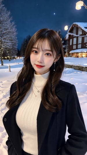 In a black, long coat, adorned with earrings, a necklace, and a white turtleneck woolen top, the woman stands with her slender figure and lovely face. Rosy cheeks complement her long messy hair, and a gentle smile graces her lips. Under the night sky, the Milky Way hangs elegantly overhead in a snowy countryside. This full-body portrait captures her grace amidst the enchanting winter scenery.