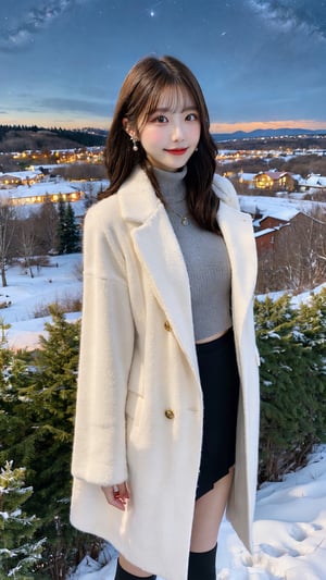 In a white long coat, accessorized with earrings and a necklace, she wears a grey turtleneck wool top, an A-line skirt, and black stockings. Her long, slender figure and lovely face are accentuated by rosy cheeks and a gentle smile. Amidst the snowy countryside beneath the night sky, the Milky Way hangs elegantly, providing a celestial backdrop to her charm and grace. （full body: 1.5)