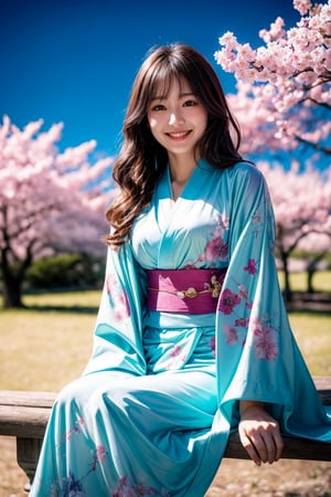 sit under Yoshino Cherry tree, blown , sky blue kimono, smile, 3/4 pose, night, long wavy hair,