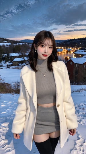 In a white long coat, accessorized with earrings and a necklace, she wears a grey turtleneck wool top, an A-line skirt, and black stockings. Her long, slender figure and lovely face are accentuated by rosy cheeks and a gentle smile. Amidst the snowy countryside beneath the night sky, the Milky Way hangs elegantly, providing a celestial backdrop to her charm and grace. （establishing shot: 1.5)