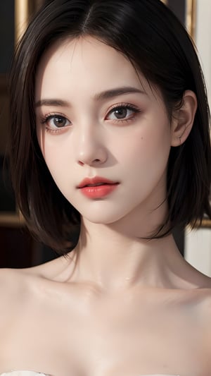 thin lips,Bright red lipstick,big eyes,black eyes,looking at viewer,(masterpiece, best quality:1.4),(photorealistic:1.4)(realistic, photo-realistic:1.4),8k UHD,ultra high res,
