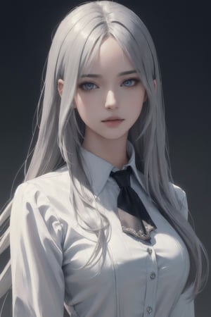 photorealistic, masterpiece, best quality, raw photo, 1girl, solo, long hair, silver hair, detailed face, alluring face, collared shirt, medium breasts, dynamic pose, looking at viewer, detailed background, fine detailed, intricate detail,  ray tracing, depth of field, low key, hdr