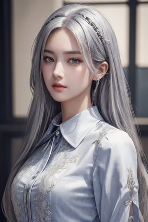 photorealistic, masterpiece, best quality, raw photo, 1girl, solo, long hair, silver hair, detailed face, alluring face, collared shirt, medium breasts, dynamic pose, looking at viewer, detailed background, fine detailed, intricate detail,  ray tracing, depth of field, low key, hdr