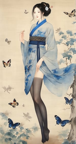 Beige ancient background color, traditional Chinese painting style, Chinese gongbi painting style, with a little watercolor style, gongbi beauty painting, full body portrait, front view, indigo top, lower body wearing revealing black pantyhose, standing, looking at butterflies