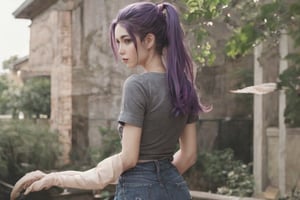 Roman girl, gray short shirt, garden, spring, jeans, ponytail, purple and gold hair,