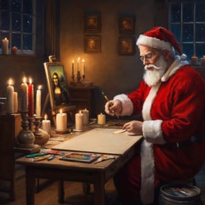 Santa Claus is painting in the study room. On the painting board is the Mona Lisa, candles, windows, retro wooden house and floor, night