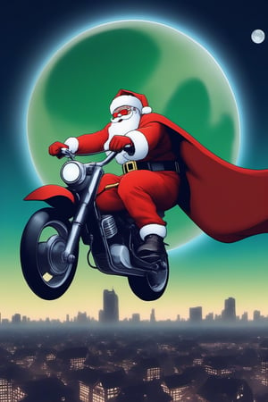 Santa Claus, wearing night vision goggles, riding a motorcycle, wearing a red Superman suit and a Santa hat, is flying in the sky. The huge moon is in the center of the picture. At night, there is a town at the bottom of the picture.