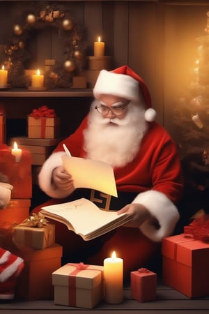 Santa Claus, gold glasses, reading letters, inside wooden house, candles, many gift boxes