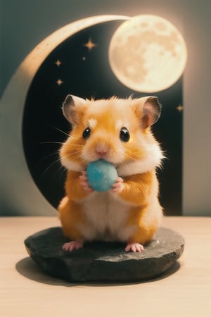 The little light yellow hamster eats the moon with its mouth