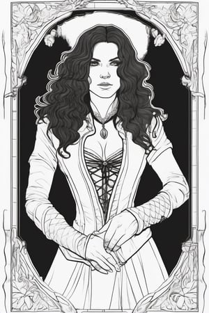 Clean coloring book pages of Yennefer of Vengerberg, black and white