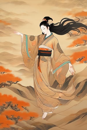 Beige ancient background color, Chinese meticulous painting style, image style of the Dunhuang Flying Goddess, flying in the sky, orange Hanfu silk, front view, full body view, wearing black pantyhose