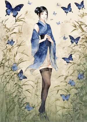 Beige ancient background, traditional Chinese painting style background, watercolor style, 2D anime style painting of a beautiful woman, full body portrait, frontal portrait, indigo top, black pantyhose, standing, surrounded by butterflies, grass,