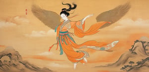 Beige ancient background, Chinese gongbi painting style, image style of Dunhuang Flying Goddess, flying in the sky, orange Hanfu silk top, front view, full body view, wearing black pantyhose