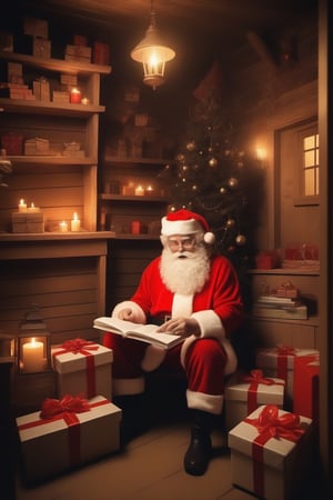 Santa Claus, gold glasses, reading letters, inside wooden house, candles, many gift boxes