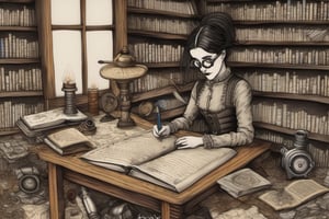 a woman with eyes is writing with a quill, there is a bookshelf behind her, some papers on the ground, scattered pens and books dripping paint,Edward Gorey Style page, camera parts on the ground, springs and machine gears around, steampunk glasses