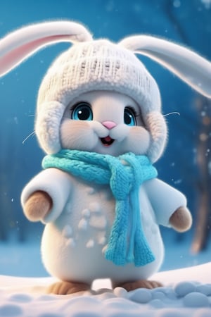 snowing winter, super cute baby pixar style white fairy bunny, shiny 
snow-white fluffy, big bright eyes, wearing a woolly cyan hat, delicate 
and fine, high detailed, bright color, natural light, simple background, 
octane render, ultra wide angle, 8K